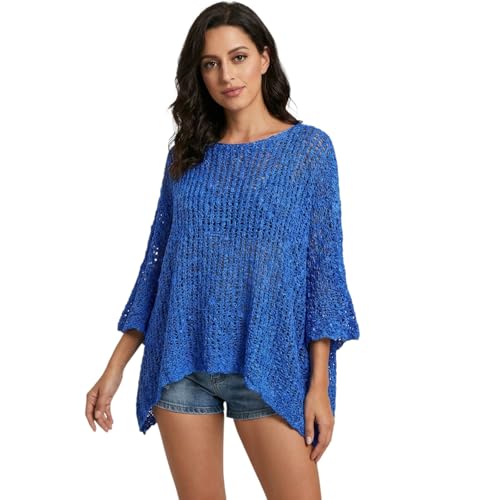 Image of Alam Exclusive Women's Popcorn Top Crochet Oversized Knit Ladies Plain Batwing Boho Cover Up Summer Fish Net (UK, Numeric, 8, 18, Regular, Regular, Royal Blue)