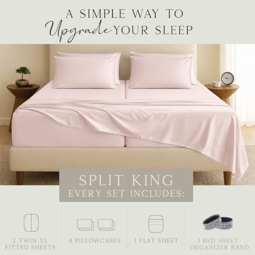 Image of KARISSA MAE 7 Piece Luxury Bamboo Viscose Split King Sheets, FSC Certified | Includes 2 Twin XL Fitted Sheets | Sleep Number & Adjustable Bed | Cooling | 18 inch Deep Pocket | 4 Pillowcases [Pink Peony]