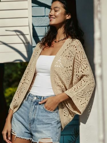 Image of Womens Crochet Cardigan Lightweight Summer 3 /4 Sleeve Cover Up