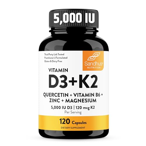 14% off - Sandhu's Vitamin D3 K2 Magnesium 5000 IU, 120mcg K2 Capsules 120 Count (Pack of 1) | with VIT B6,...