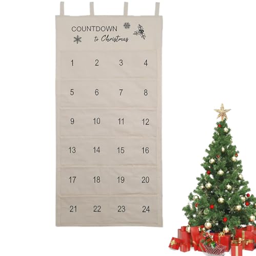 Adventskalender mit 24 Stoffbeutel Wiederverwendbar Weihnachtskalender Adventskalender zum Aufhängen Weihnachtsdeko Stoff zum Befüllen Partyzubehör (Weiß)