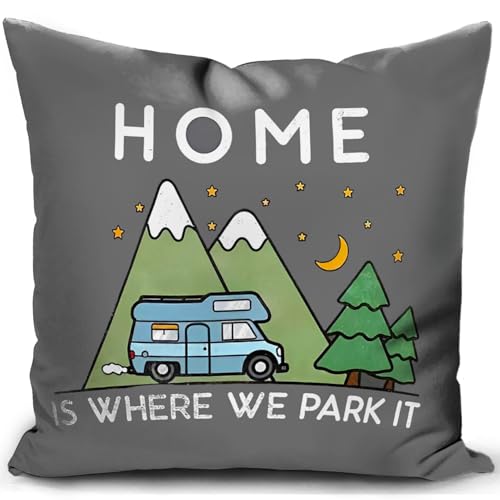 HUASHUZI Cushion Cover Campervan Aaccessories uk Gifts Camper Motorhome Gadgets Grey Caravan Camping Home is Where We Park it Pillow Cover Decor Home Decorate for Holiday Couch Bed Sofa 18x18