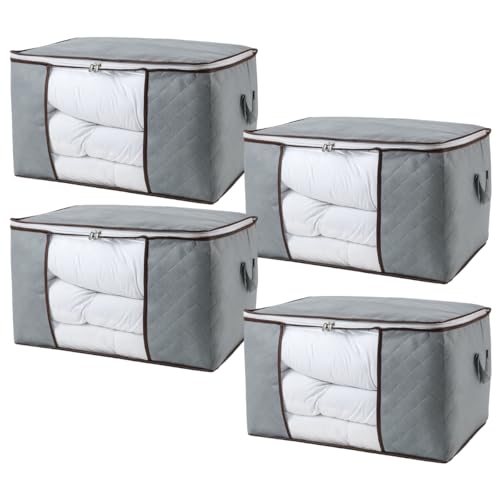 Bolsa Organizadora Roupas Sapatos Roupa de Cama Caixa Saco Multiuso Organização de Armários Fechamento Zíper com Alças Laterais 60x40x35 Dobrável com Visor Transparente (04 Unidades)