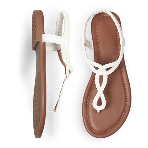 Image of iCKER Womens Braided T‑Strap Flat Sandals Elastic Stretch Ankle Strap | Boho cute casual lightweight and comfort matches dresses for beach vacation