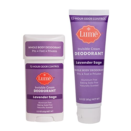 Lume Deodorant Cream - Underarms and Private Parts - Aluminum Free, Baking Soda Free, Hypoallergenic, and Safe For Sensitive Skin - Travel Tube + Cream Deodorant Bundle (Lavender Sage)