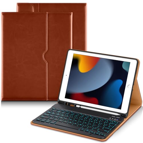Image of DTTO for iPad 9th /8th /7th Generation 10.2 Inch Case 2021 /2020 /2019 with Keyboard, 7 Colors Backlit Wireless Detachable Keyboard Premium Leather Folio Cover with Pencil Holder & Pocket, Brown
