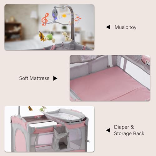 Image of Soobaby 5 in 1 Baby Crib,Bedside Sleeper,Bassinet,Pack and Play with Bassinet and Changing Table,Portable Travel Playpen Music Box,Portable Travel Crib for Infant Newborn (Pink Gray)