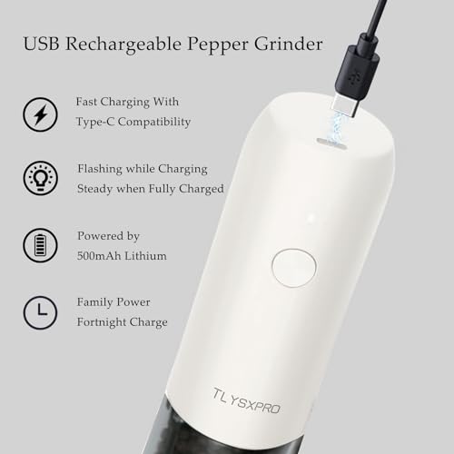 Electric Salt and Pepper Grinder - USB Rechargeable, Automatic Salt and Pepper Shaker, Adjustable Coarseness, Electric Pepper Mill, LED Light, Refillable, Kitchen Gadget (1-Pack, White) - Image 5