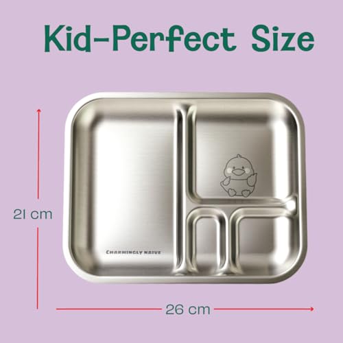 Image of Basil Stainless Steel Plate for Kids - Kids Plates for Food with 3 Compartments - Dinner Plates for Baby - Unbreakable Dinner Plates - Ideal for Birthday, Return Gifting - Bento Tiger Plate