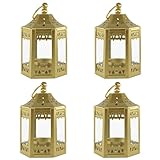 ANRUST Mini Moroccan Lanterns - Pack of 4 Small 4.5 Inch Metal Lanterns for Decorative Candle Tealight Holder, Home and Patio Decor, and Ramadan Celebrations Without LED (Gold)