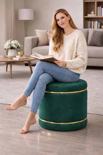 Image of Pouffes Sitting Stool for Living Room, Puffy Wooden Ottoman | Round Pouffe for Living Room & Bedroom | Pouf for Office & Home Decoration & Modern Seating Stool (Green)