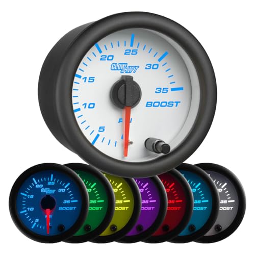 GlowShift White 7 Color 35 PSI Turbo Boost Gauge Kit - Includes Mechanical Hose & Fittings - White Dial - Clear Lens - for Car & Truck - 2-1/16