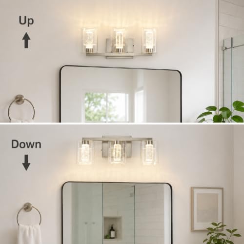 Image of LED Vanity Lights for Bathroom,3 Light Electroplated Nickel Bathroom Light Fixtures Over Mirror,3 Color Lighting with Crystal Bubble Glass&Clear Glass Shade,Modern Vanity Light for Bathroom
