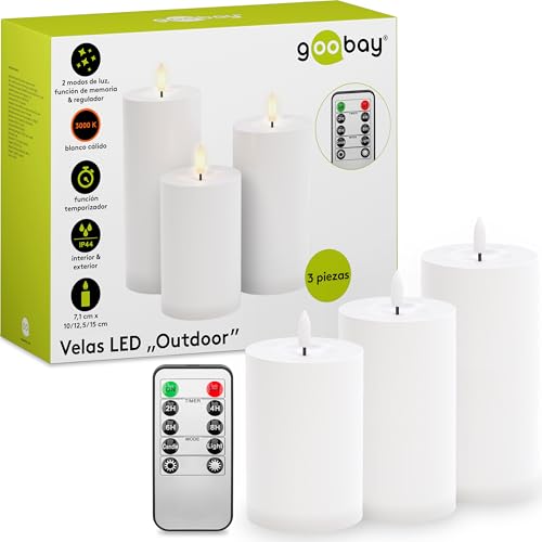 goobay 64786 Set de 3 velas LED con mando a distancia/velas eléctricas de exterior/llama parpadeante realista/decoración/función temporizador/vela LED sin llama/funcionan con pilas