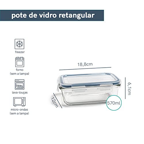 POTE HERMÉTICO DE VIDRO COM TAMPA TRANSPARENTE RETANGULAR 570ML - OIKOS