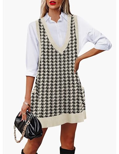 Image of HOTOUCH Women Sweater Vest Oversized V Neck Sleeveless Knit Pullover Ribbed Vest Dress with Pockets