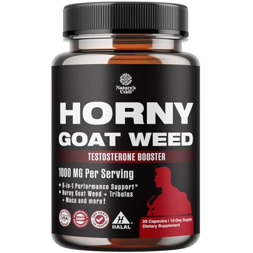 Horny Goat Weed for Male Enhancement - Testosterone Booster Supplement for Men - 1000mg per serving Complex with Tongkat Ali Saw Palmetto Extract & Panax Ginseng - Black Maca Root for Stamina & Energy