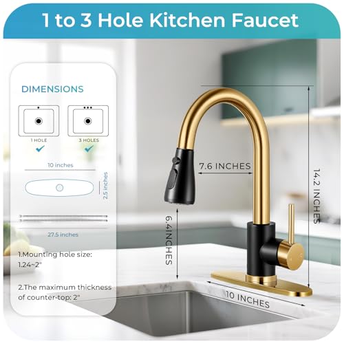 Image of Kitchen Faucet with Pull Down Sprayer - Black & Gold Single Handle Kitchen Faucets, High Arc Stainless Steel Pull Out Kitchen Sink Faucet with Deck for RV Laundry Farmhouse Bar