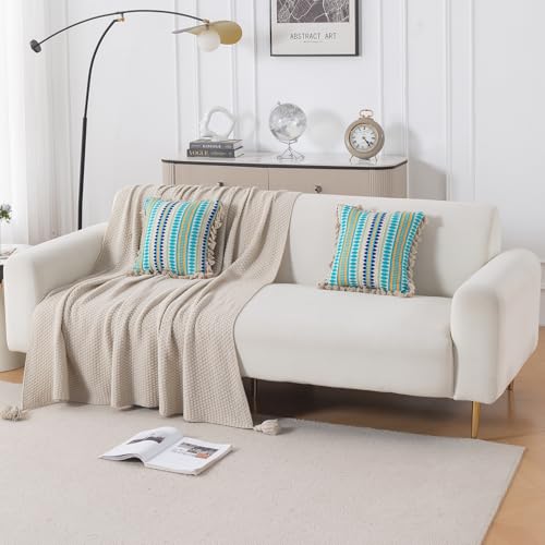 Image of HOKIPO 'Artisan Boho Series' 450 GSM Cushion Cover with Tassels | Cotton Acrylic Jacquard | 16x16 Inch (40x40 cm) | Pack of 2, Aqua Blue (IN-905-A4*2)
