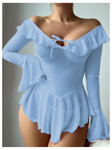 Image of OYOANGLE Women's 2 Piece Off Shoulder Long Sleeve Ruffle Mesh Sheer Nightgowns with Thongs Babydoll Lingerie Set