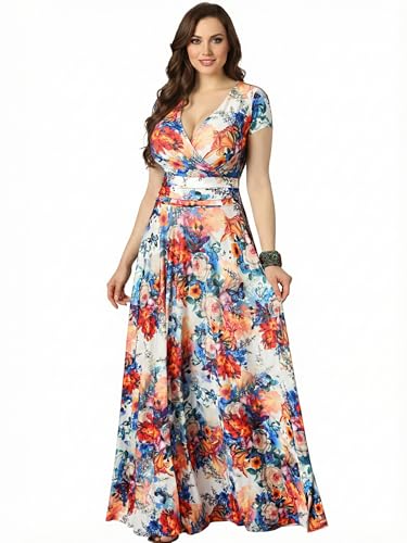Image of KOH KOH Womens Short Cap Sleeve Summer Floral Print Long Casual Maxi Dress