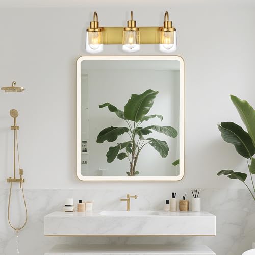 Image of Yaohong Modern Bathroom Vanity Light, 3 Light Bathroom Light Fixture Over Mirror, Gold Bathroom Light with Glass Shade for Bedroom Vanity Cabinet Hallway Stairs
