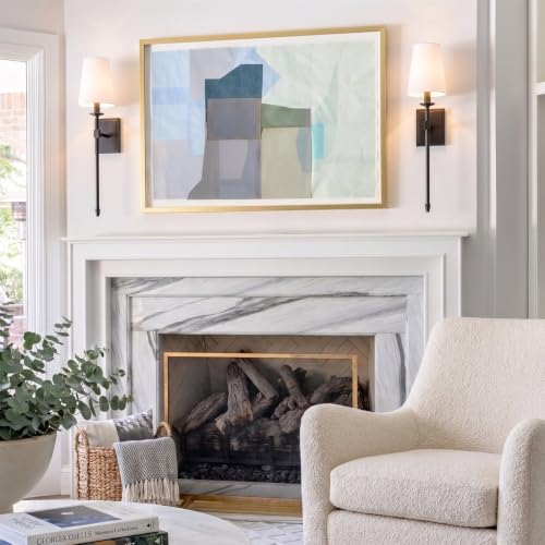 Image of Kira Home Torche 20 inch Mid Century Modern Wall Sconce for Bathroom Vanity | Tapered White Linen Shade, Candle Wall Light with Elongated Tail, Oil Rubbed Bronze Finish