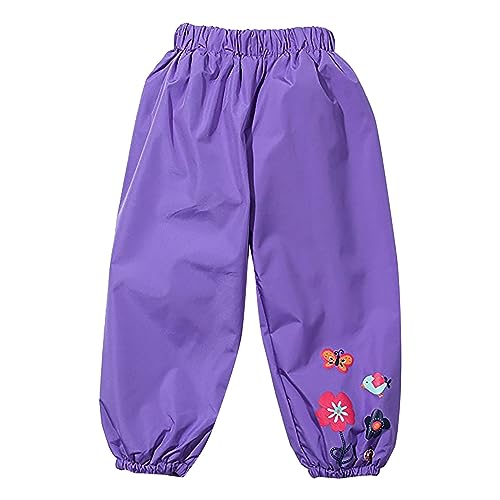 Girls Rain Pants Flower Printed Waterproof Insulated Mud Dirty Proof Elastic Waist Trousers Toddler (Purple, 3-4 Years)