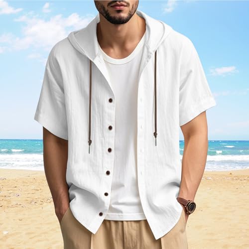 Mens Linen Hooded Shirts Summer Casual Solid Color Hoodie Comfy Loose Fit Button Down Short Sleeve Tops Lightweight2
