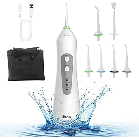 BONAI Munddusche Zahnreiniger mit 3 Modus und 6 Düsen Elektrischer Kabellos Wasser Flosser IPX7 Wasserdichte 200ML Versteckt Wassertank USB Wiederaufladbarer Oral Irrigator Cover