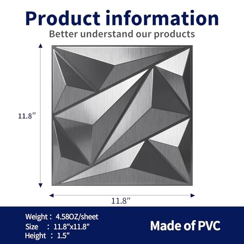 Image of Art3dwallpanels 33 Pack 3D Wall Panel Diamond for Interior Wall Decor, PVC Textured Wall Panels, 12''x12'' Cover 32.Sq.Ft. Silver