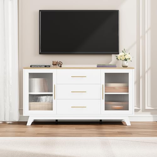 Image of Buffet Cabinet with Storage, 56 inch Sideboard Cabinet with Adjustable Shelves & Fluted Glass Doors - Contemporary Coffee Bar Cabinet for Kitchen & Dining Room,Woodgrain
