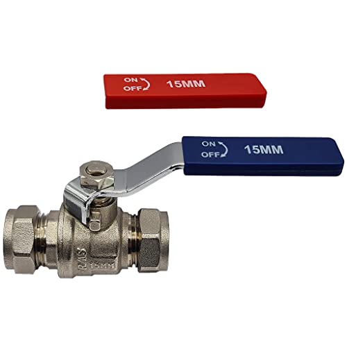 Pipestation 15mm Isolation Valve, 1 Pack with Red & Blue Handle - Lever Compression Fitting Shut Off Iso Valve - WRAS Approved - Large Bore for Increased Flow - Compression Olives Included