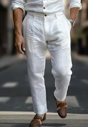 Men's Casual Linen Pants Lightweight Loose Fit Breathable Summer Beach Trousers in White3