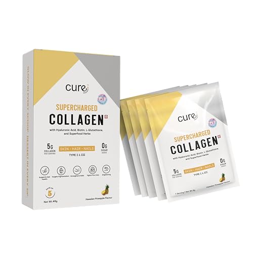 Image of Supercharged Collagen Powder Pack of 5 x 8g | Type I and III Collagen Peptides with Biotin L-Glutathione Sea Buckthorn | Skin Hair Nails Support | Pineapple | Men and Women