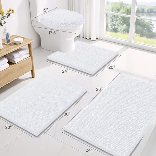 Image of Smiry Bathroom Rugs Sets 3 Piece, Soft Absorbent Chenille Bath Mat and U-Shaped Contour Toilet Rug, Machine Wash Dry Bath Mat Sets for Bathroom Tub and Floor (30 inchx20 inch+24 inchx16 inch+24 inchx20 inch, White)