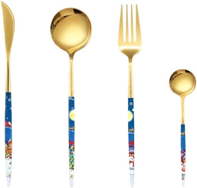 Silverware Flatware Cutlery Set, 4/16/24/32 Pieces Christmas Starry Sky Tableware Set Hotel Home Steak Knife Fork Spoon Christmas Spoon Souvenir(Blue,24 Pieces for 6)