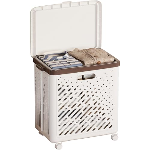 Zilnox 洗濯かご 折りたたみ ランドリー バスケット 折り畳み 洗濯カゴ 蓋付き キャスター付き 大容量 幅41×奥行40×高さ52.5cm ホワイト 62L