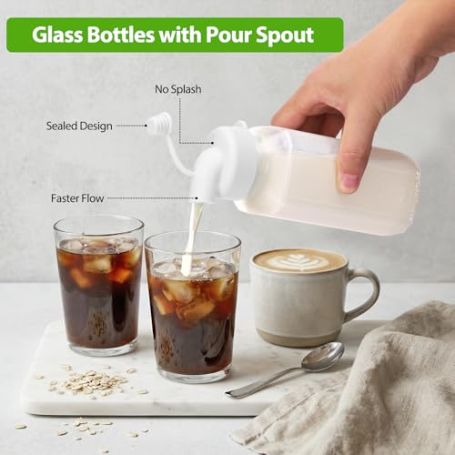 Image of Moretoes Glass Milk Container for Lunch Box, 3 Pack 16 Oz Glass Milk Bottles with Lids, Clear Juice Bottles with 1 Pour Spouts, Reusable Water Bottles with Airtight Caps & Scale for Juicing Containers