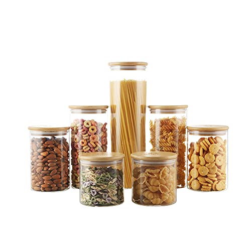 MCIRCO Kitchen Canisters Set, 7Pcs Airtight Glass Jars with Bamboo Lids, Glass food Storage Containers for Kitchen & Pantry Organization, Cookie, Coffee, Pasta, Nuts and Spice Jars, Stackable