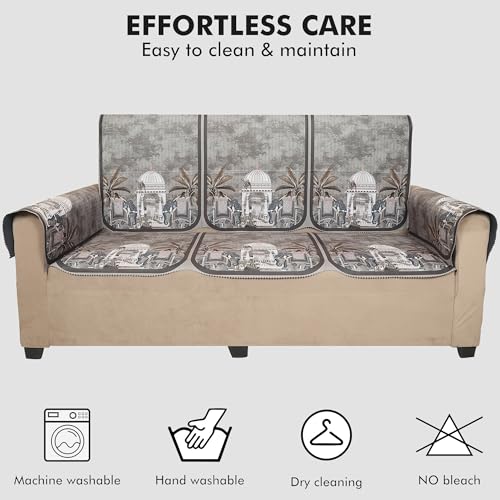 Image of Velvet 3 Seater Sofa Cover with 6 Seat and Back Covers, 2 Hand Rest Covers - Elephant dome Design - Washable Fabric - Stylish Sofa Cover for Modern Living Room (Brown, 3 Seater With Arm Covers)