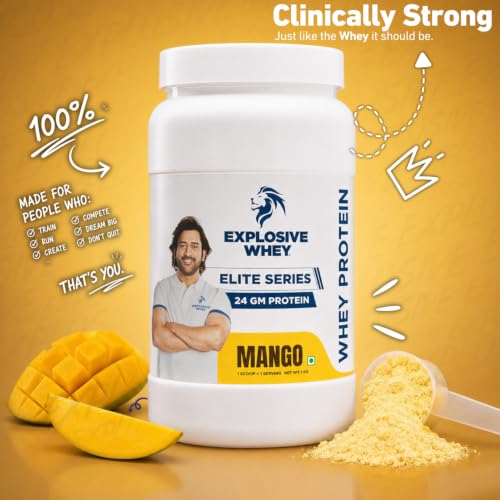 Image of Explosive Whey Elite Series Whey Protein - Trusted by M.S. Dhoni | 24g Protein per Scoop | Premium Concentrate Sport Supplement for Enhanced Muscle Growth and Recovery | Mango - 1kg (30 Servings)
