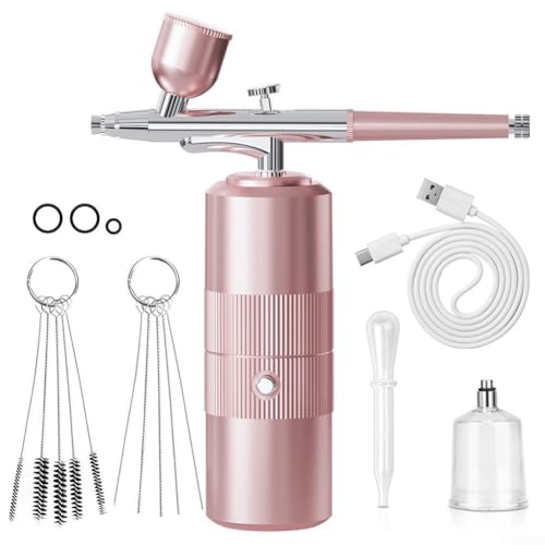 Honseadek Kit de aerógrafo inalámbrico con punta de 0.3 mm y presión de aire ajustable, pulverizador de pintura portátil para automoción, arte de uñas y proyectos de bricolaje (rosa B)