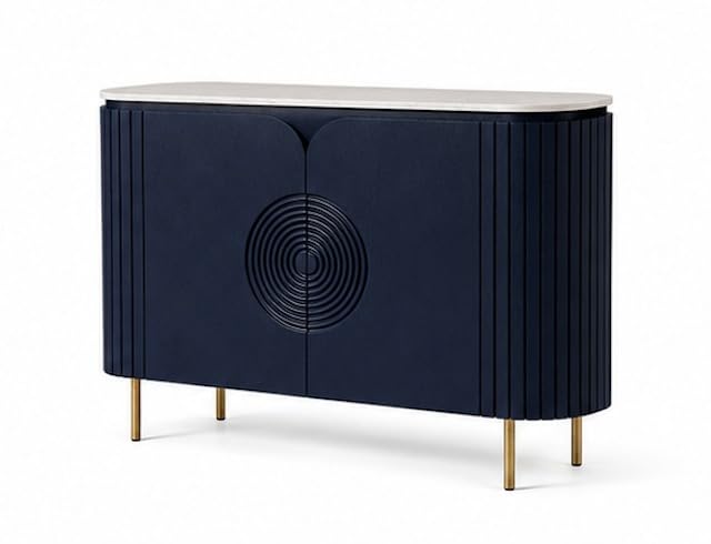 Image of Solid Wood Mandala Sideboard Cabinet with Sintered Stone Top for Living Room | Premium Acrylic Blue with Soft Close Hinges | 120 cm (W) x 39.8 cm (D) x 85 cm (H)