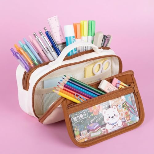 Image of Canvas School Bag Pencil Case, 3 Layer 6 Compartment Large Capacity, Aesthetic Pencil Pouch for Stationary, Cute Stationery for Kids, Pencil Case for Girls & Boys (Coffee /Cream)