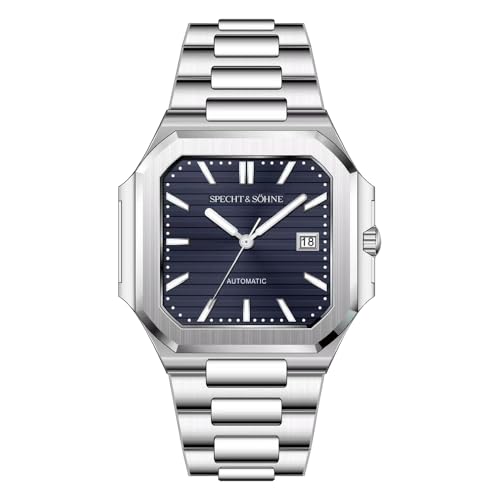 Specht & Shne Square Cubic Watches for Men Japan Miyota 8215 Movement Watch 40MM Mens Mechanical Automatic Stainless Steel Sapphire Crystal 50M Waterproof (Silver-Blue)