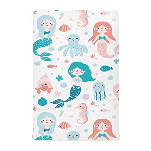 Image of Fitted Crib Sheets Cute Mermaid and Octopus Stretchy Portable Playard Sheets for Baby Toddler, Breathable Soft Mini Crib Mattress 39 x 27 in for Boys and Girls