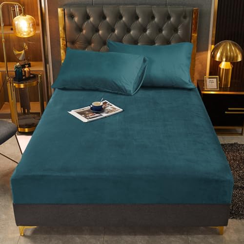 Sábana bajera ajustable de invierno de 160 x 200 cm, color petróleo, de felpa, franela, bíber, para cama box spring, 160 x 200 cm, para cama de matrimonio, con estampado liso, tipo cachemira, para