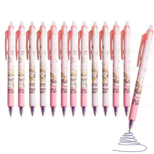 Image of KmCho Pink Erasable Gel Pens, 0.5 mm Fine Tip - Blue Ink in Pink Barrel, 12Pcs Cute Cartoon Design, Smooth Quick-Dry Writing Pens for School, Office