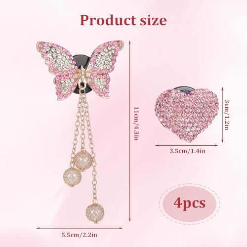 Image of 4 Pcs Heart and Butterfly Pandent Air Vent Clips, Car Air Fresheners Vent Clip, Crystal Car Vents Accessories, Bling Airs Vents Clips Cars Accessories